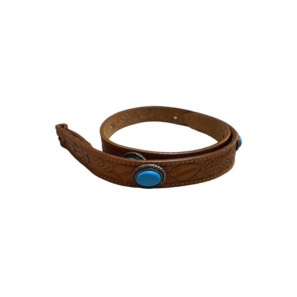 Jill Stuart Leather Western Concho Belt Strap Brown Tooled Turquoise Size M